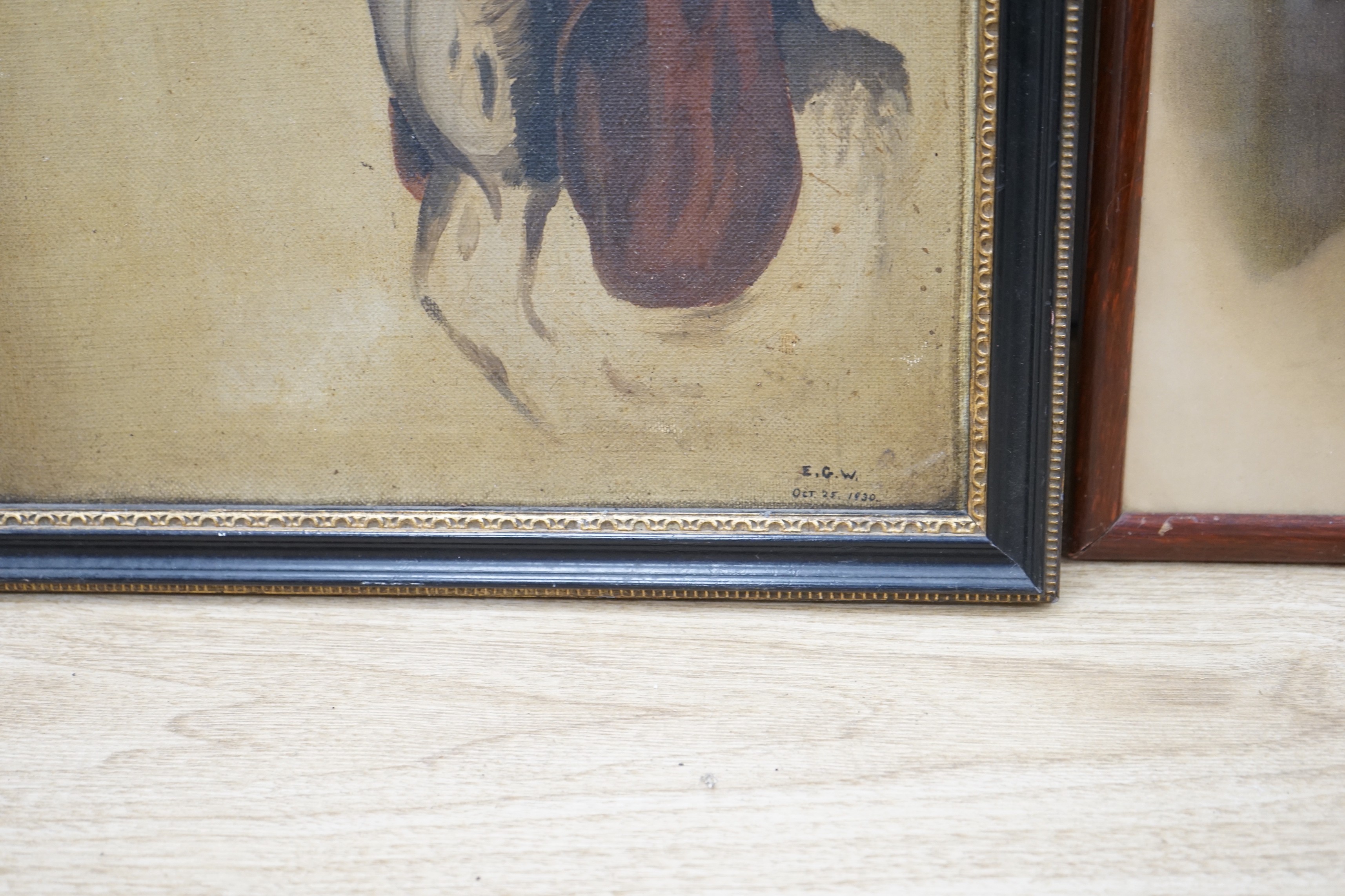 EGW 1930, oil on canvas, Study of a hound's head, initialled and dated, 37 x 30cm and a Pears chromolithograph of a dog smoking a pipe